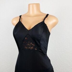Vintage Black Lace Detail Plunge Neck 90s Y2K Slip‎ Dress